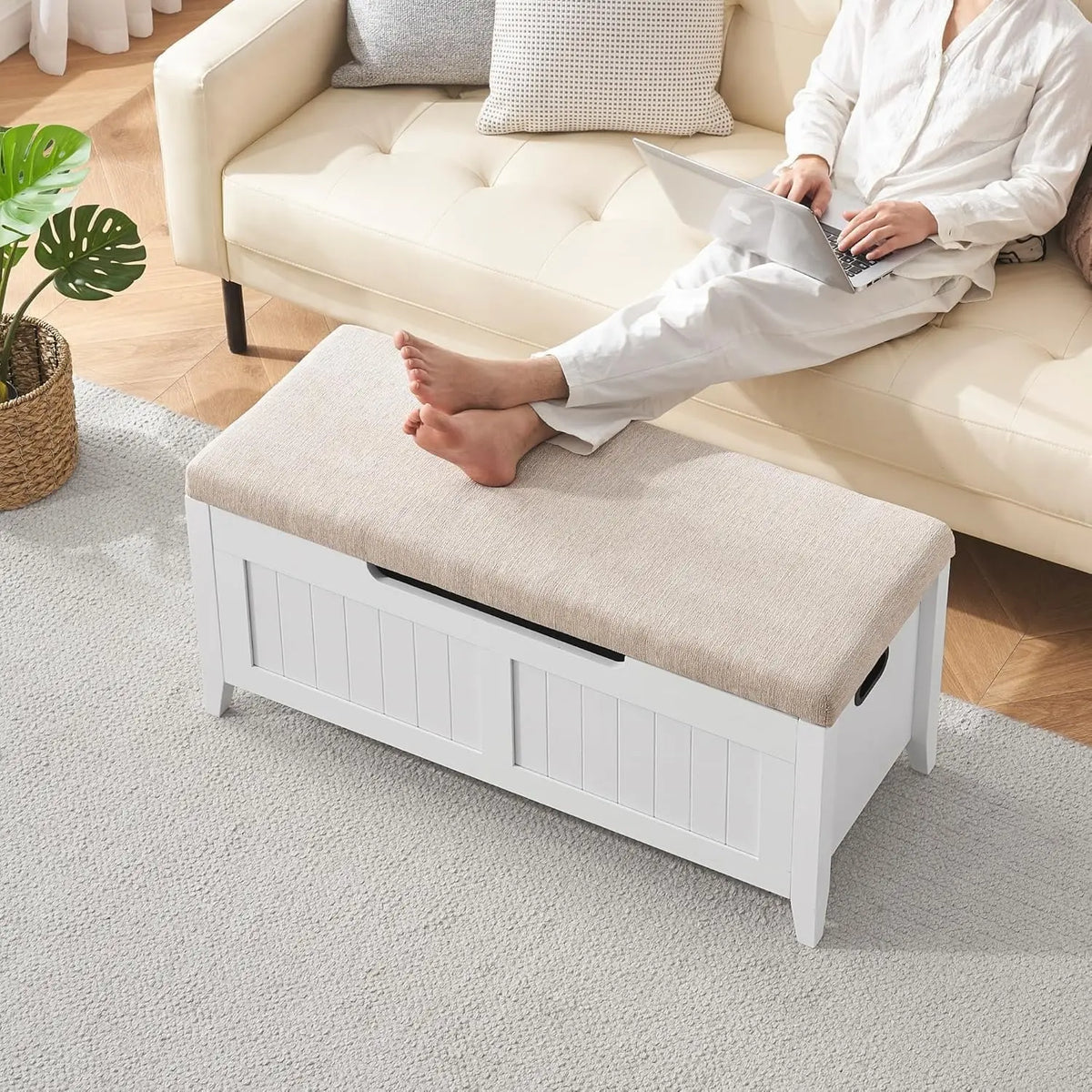Garvee Wooden Storage Bench With Cushion And Safety Hinges
