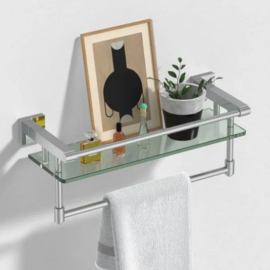 Bathroom Glass Shelf With Towel Bar And Stainless Steel Holder