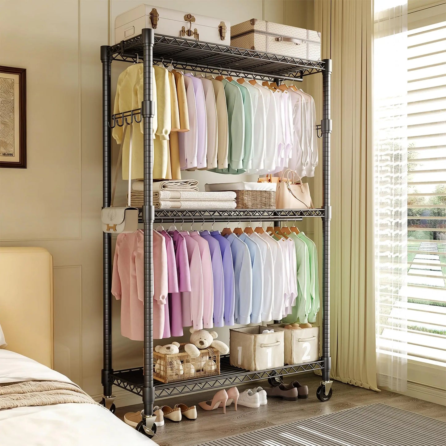 HiMISS 3 Tier Rolling Metal Garment Rack With Dual Rods