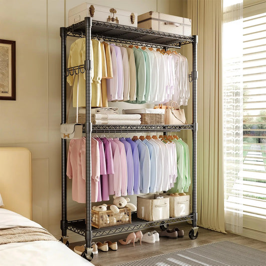 HiMISS 3 Tier Rolling Metal Garment Rack With Dual Rods