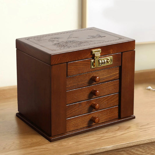 Wooden Jewelry Box With Mirror Password Lock Four Layer Organizer