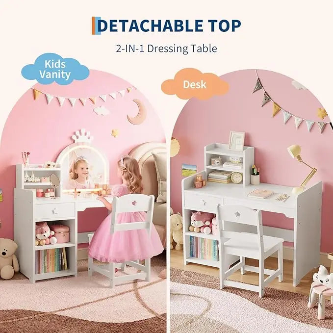 HiMISS Kids Vanity With Lights 2 In 1 MakeupSet Desk