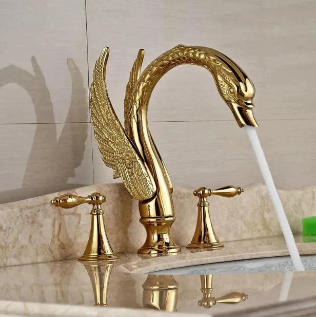 Saeuwtowy Golden Swan Bathroom Faucet With Dual Crystal Handles