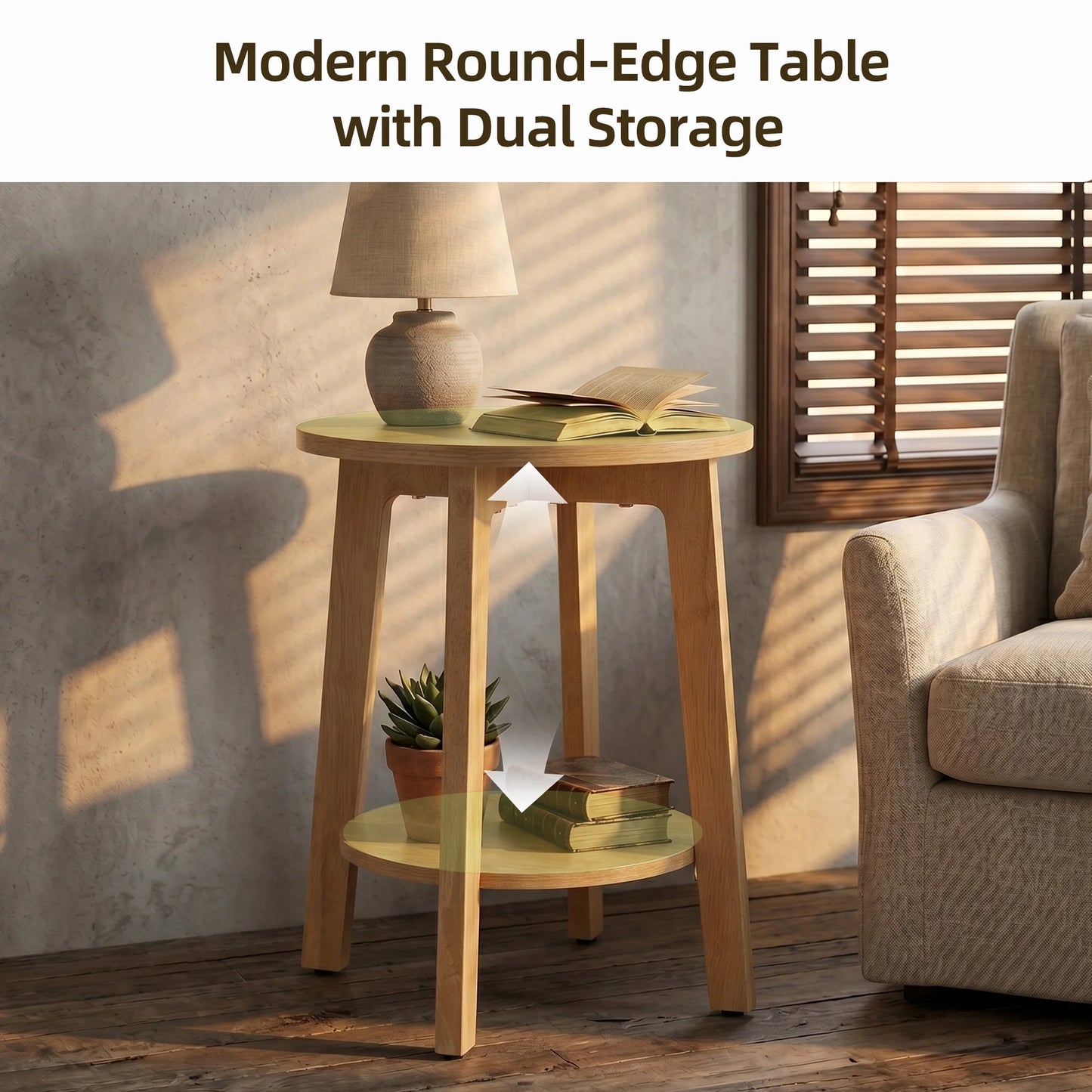 JHK Wood Round Side Tables Two Tier With Storage Shelf