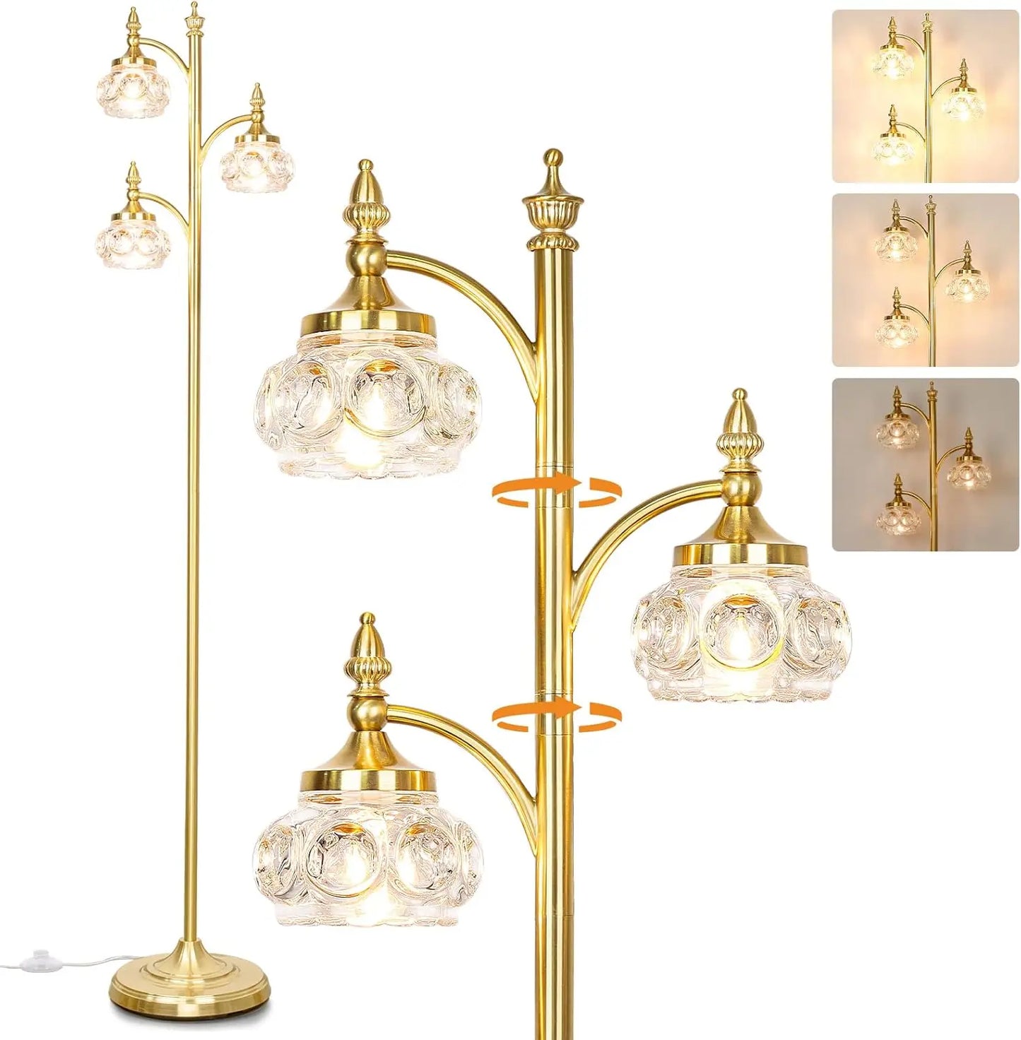 Gold Dimmable Tree Floor Lamp With Rotatable Glass Shade