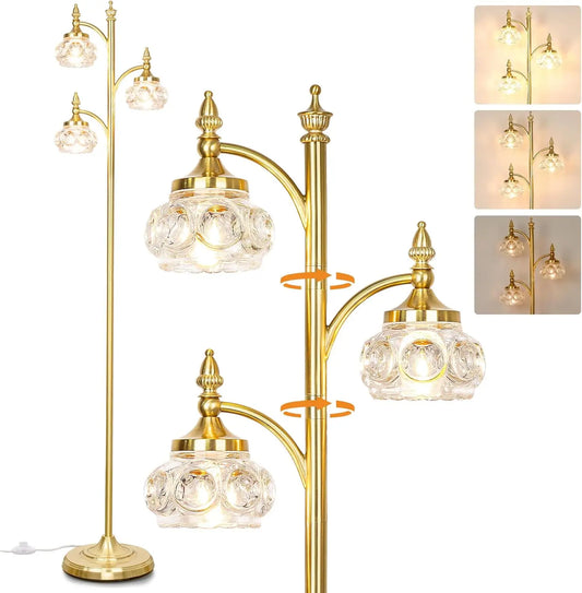 Gold Dimmable Tree Floor Lamp With Rotatable Glass Shade