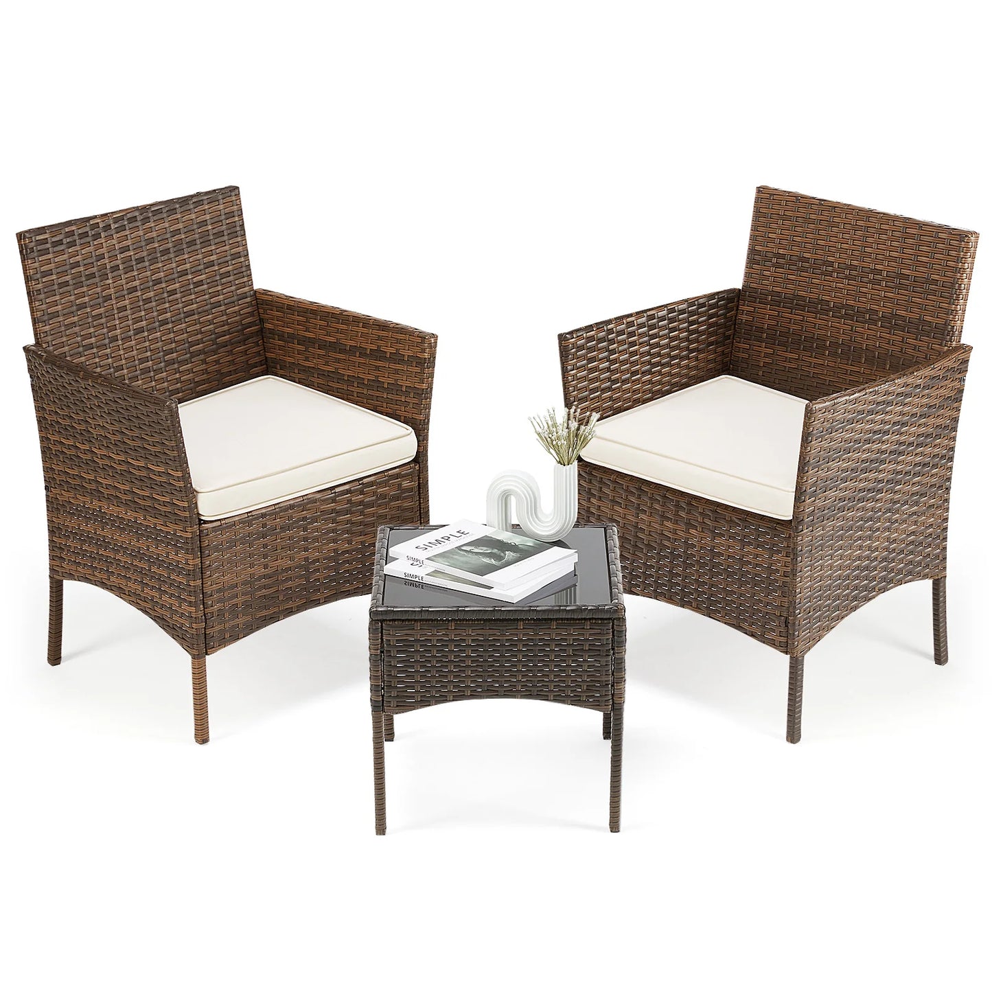 Three Piece Outdoor Wicker Patio Set With Cushions
