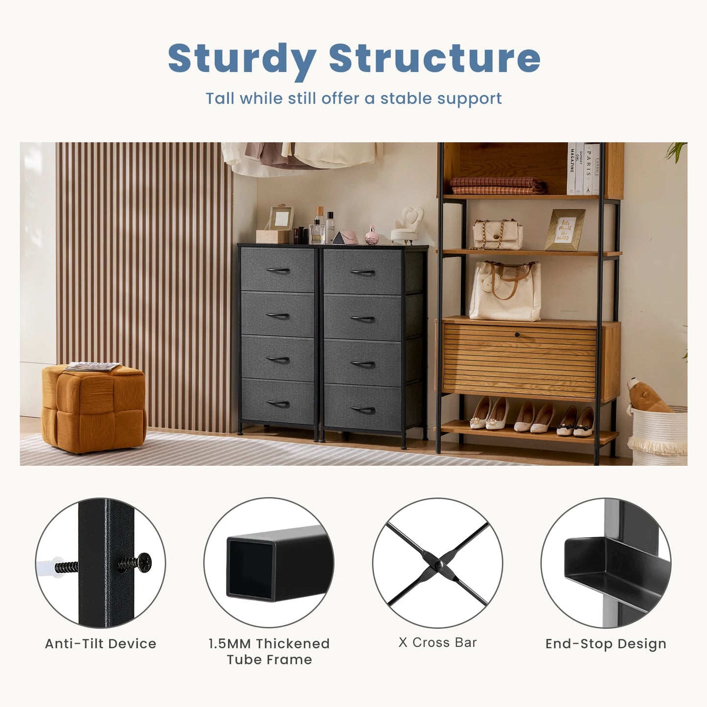JHK Dresser With Fabric Drawers And Wardrobe Steel Frame