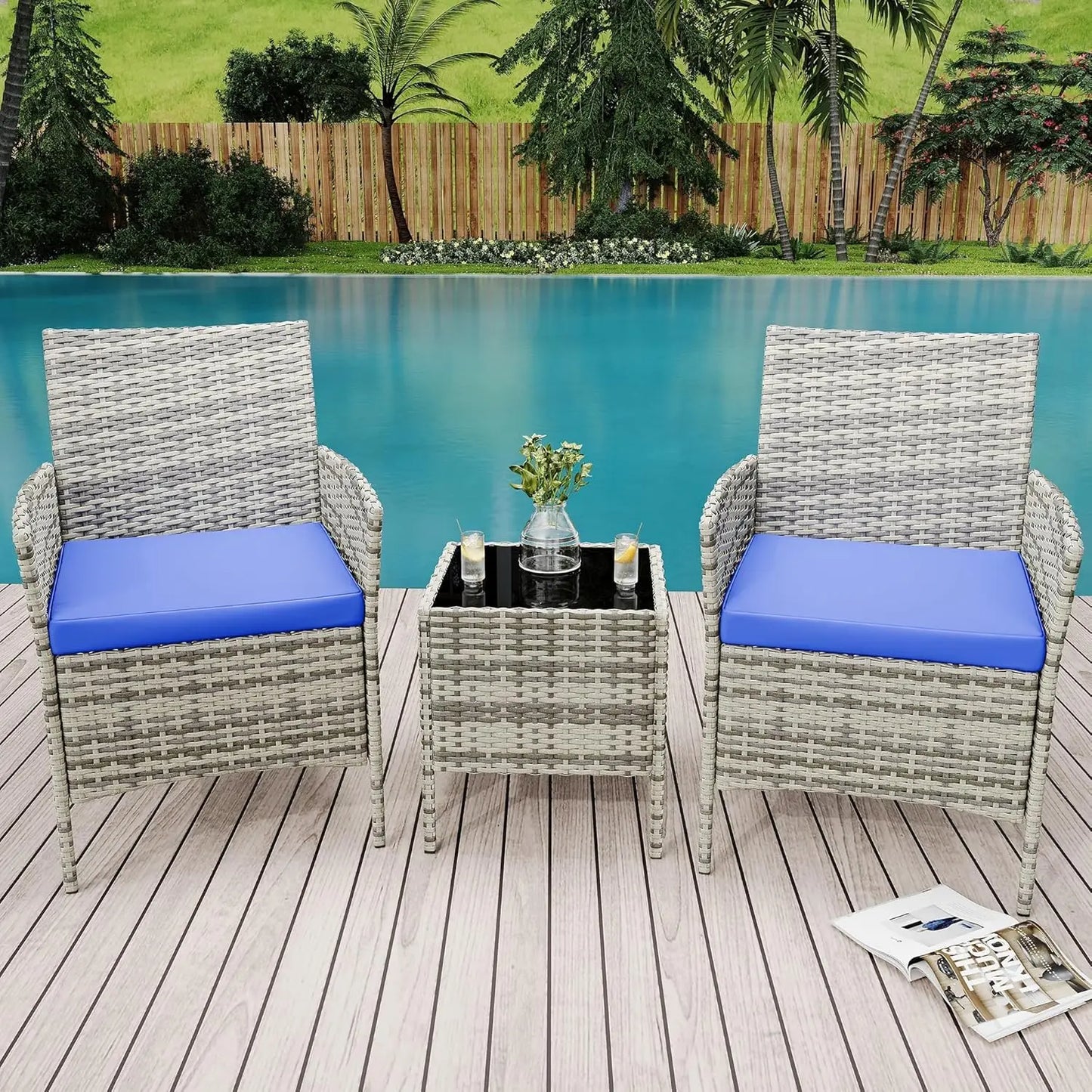 HiMISS Outdoor Patio Furniture Set Rattan Chairs And Glass Table