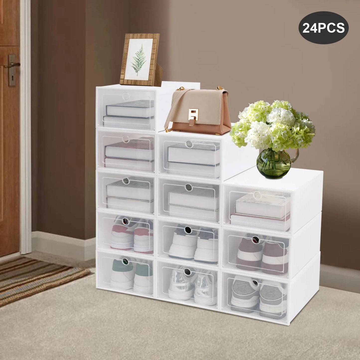 Foldable Plastic Shoe Storage Boxes With Clear Lids