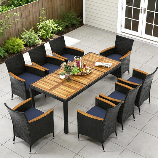 Outdoor Patio Dining Set Rattan Table And Chairs Acacia Wood Umbrella Hole