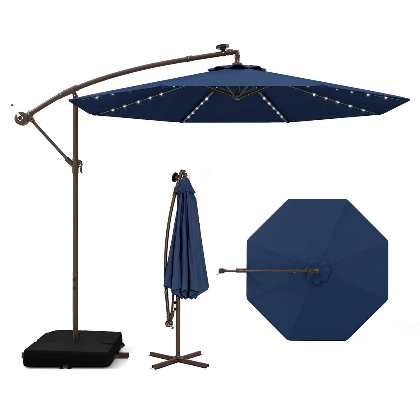 Offset Cantilever Patio Umbrella With Base And Solar LED Lights