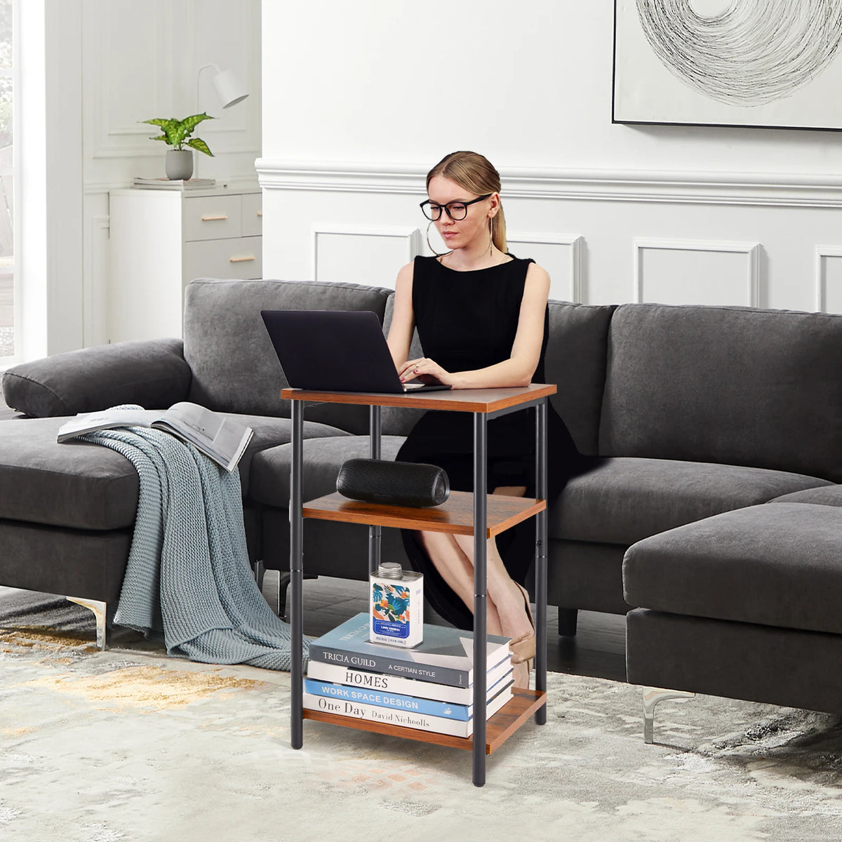 JHK Steel Frame Side Table Nightstand with Adjustable Feet