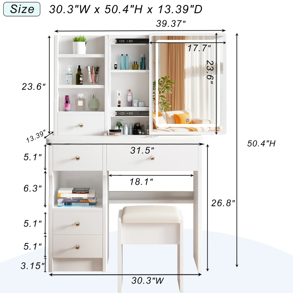 Makeup Vanity Desk With Sliding Mirror, Lights, Drawers And Stool