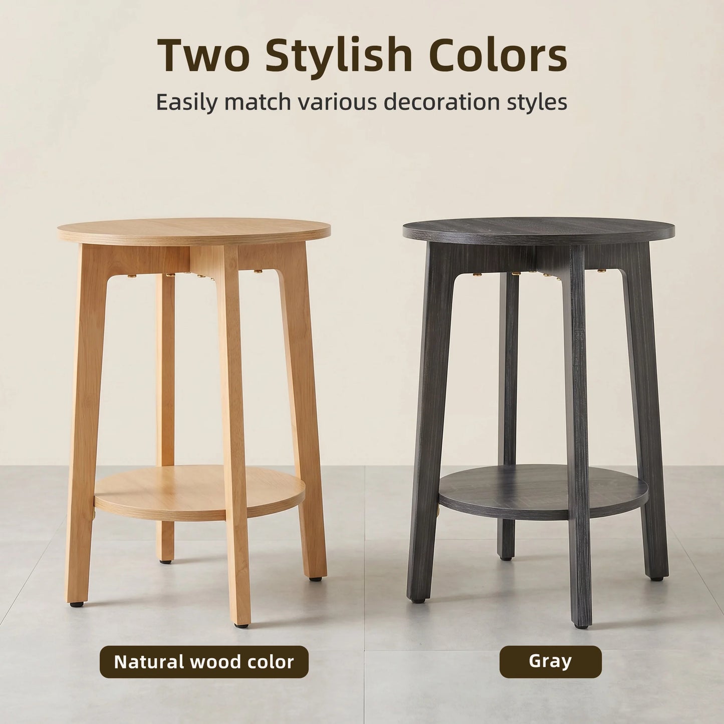 JHK Wood Round Side Tables Two Tier With Storage Shelf