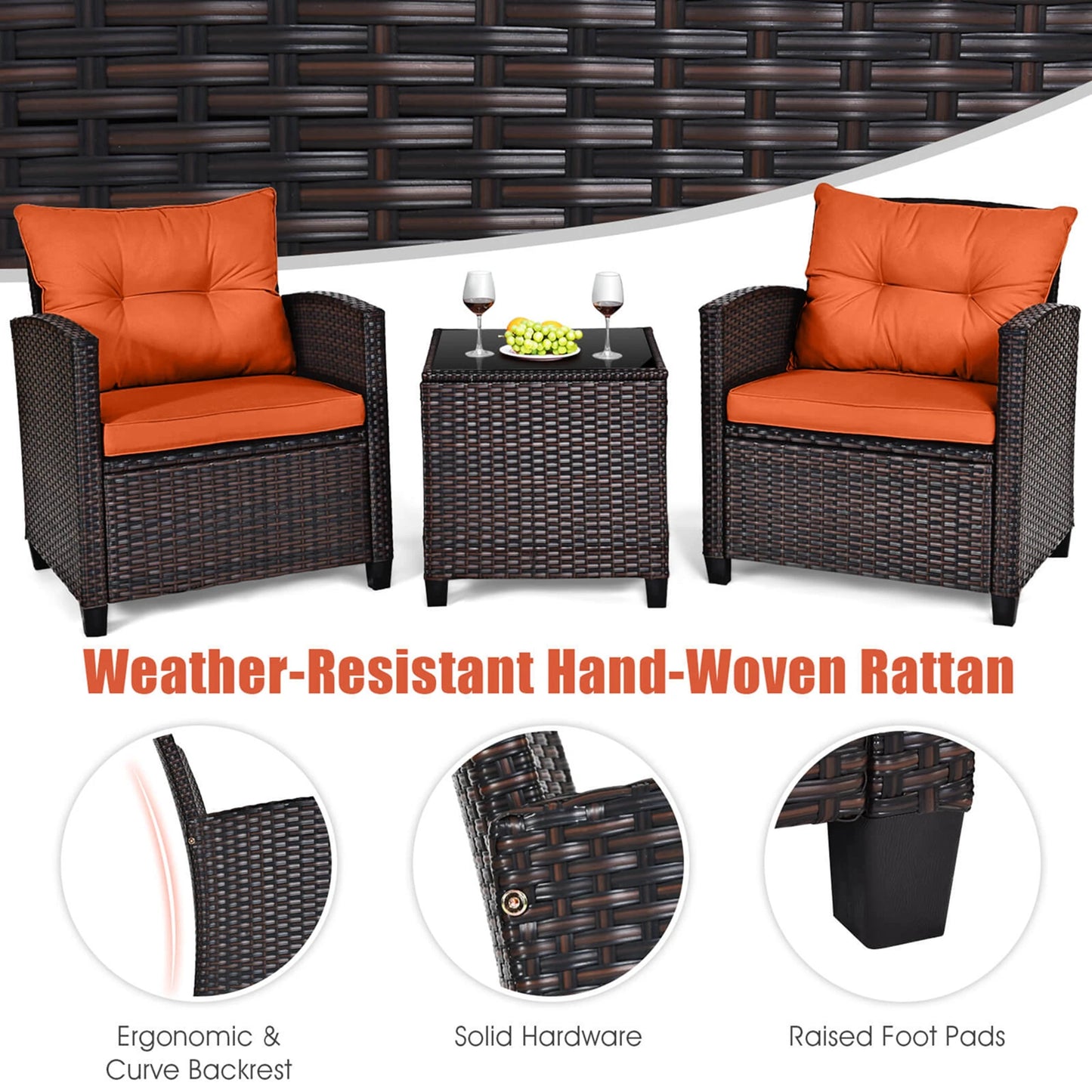 HOMASIS 3-Piece Patio Rattan Cushioned Furniture Set