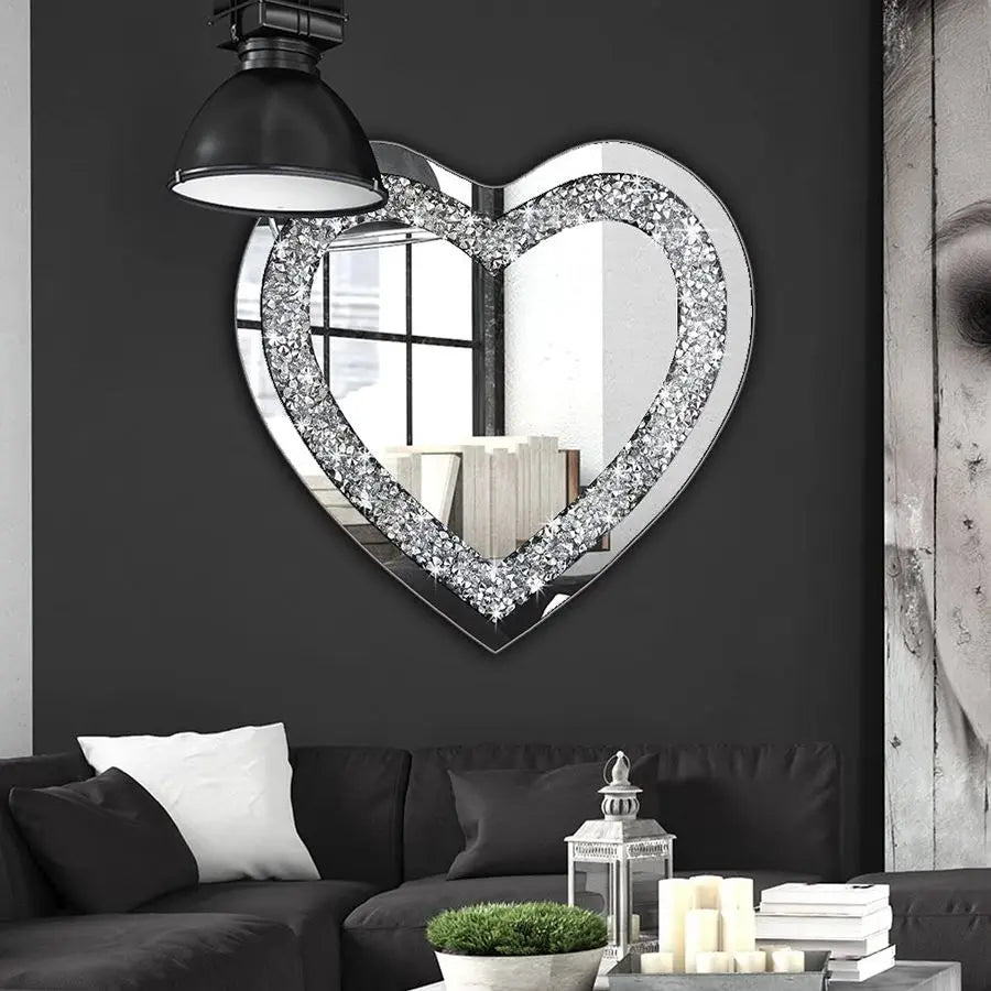 Diamond Heart Shaped Silver Crystal Wall Mirror Decoration