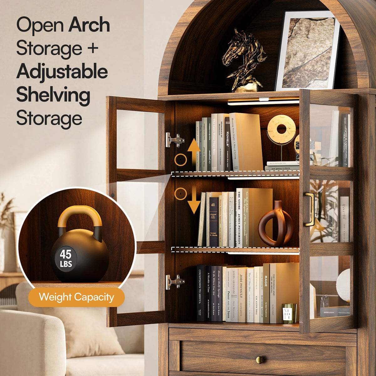 Cottinch Arched Wood Storage Cabinet Adjustable Shelves Dimmable LED Lights