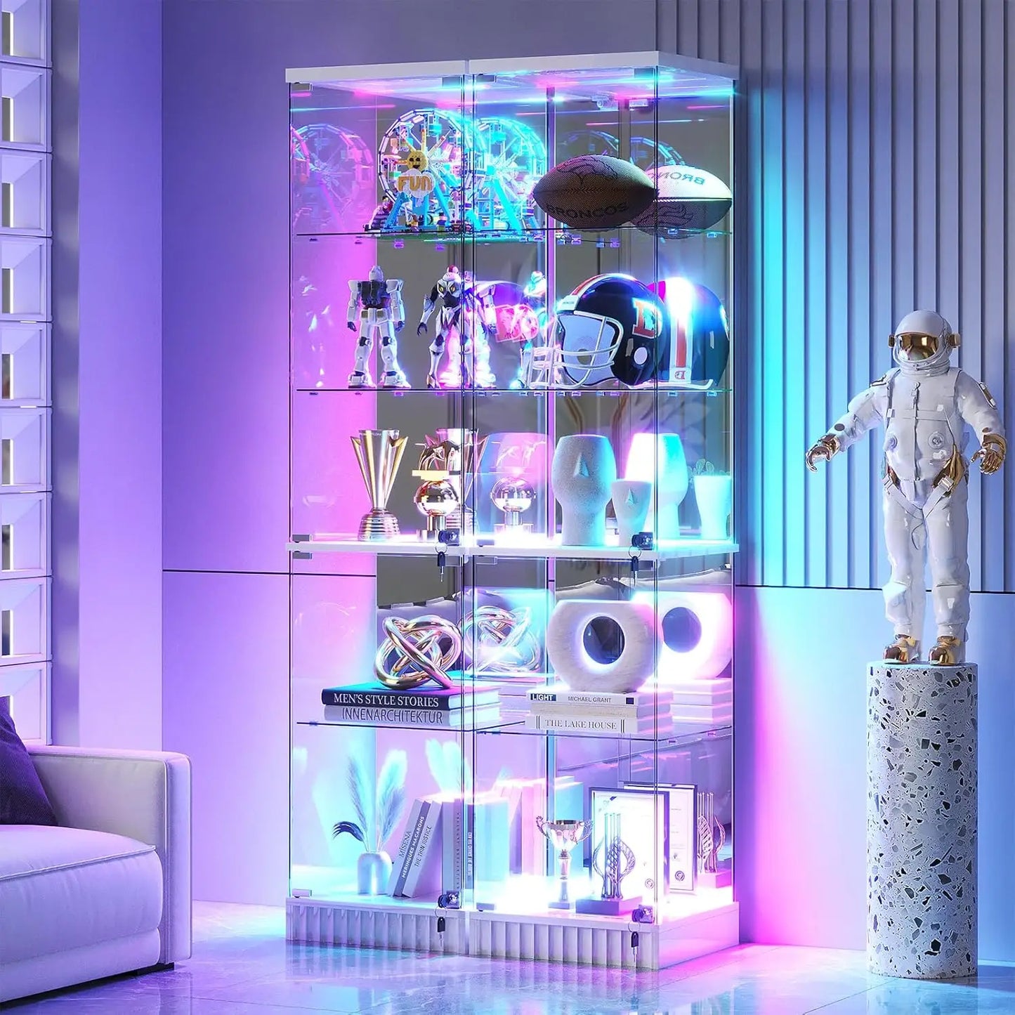 Glass Display Cabinet With RGB Lighting And Lockable Tempered Doors