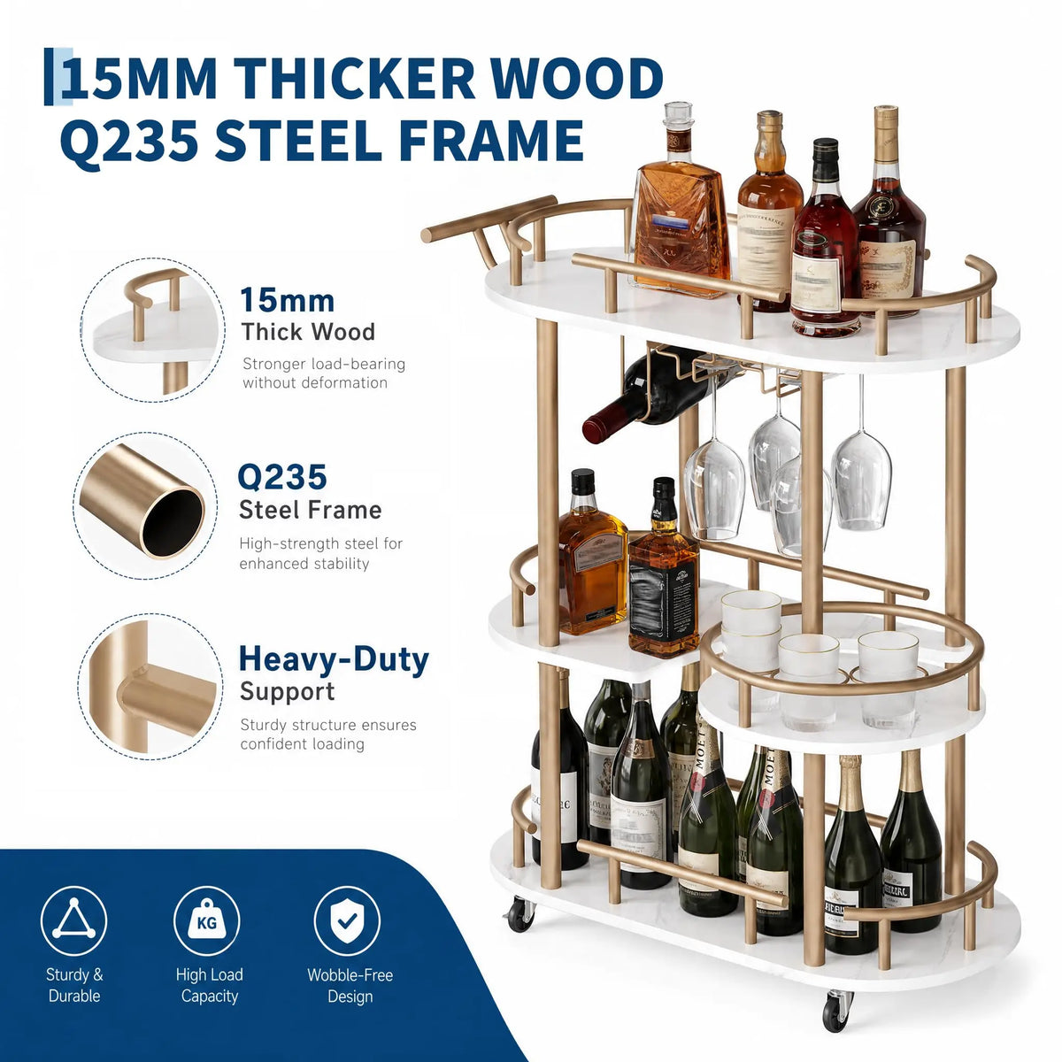 HiMISS Rolling Bar Cart With Wine Rack And Glass Holder