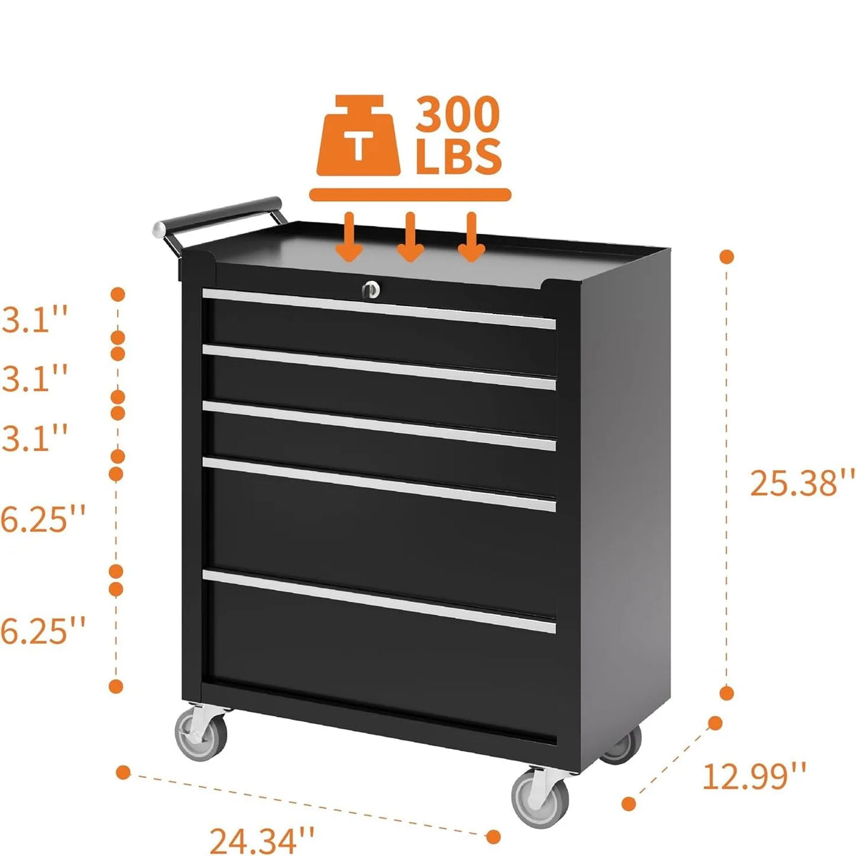 Five Drawer Rolling Tool Chest With Lock And Mobile Storage