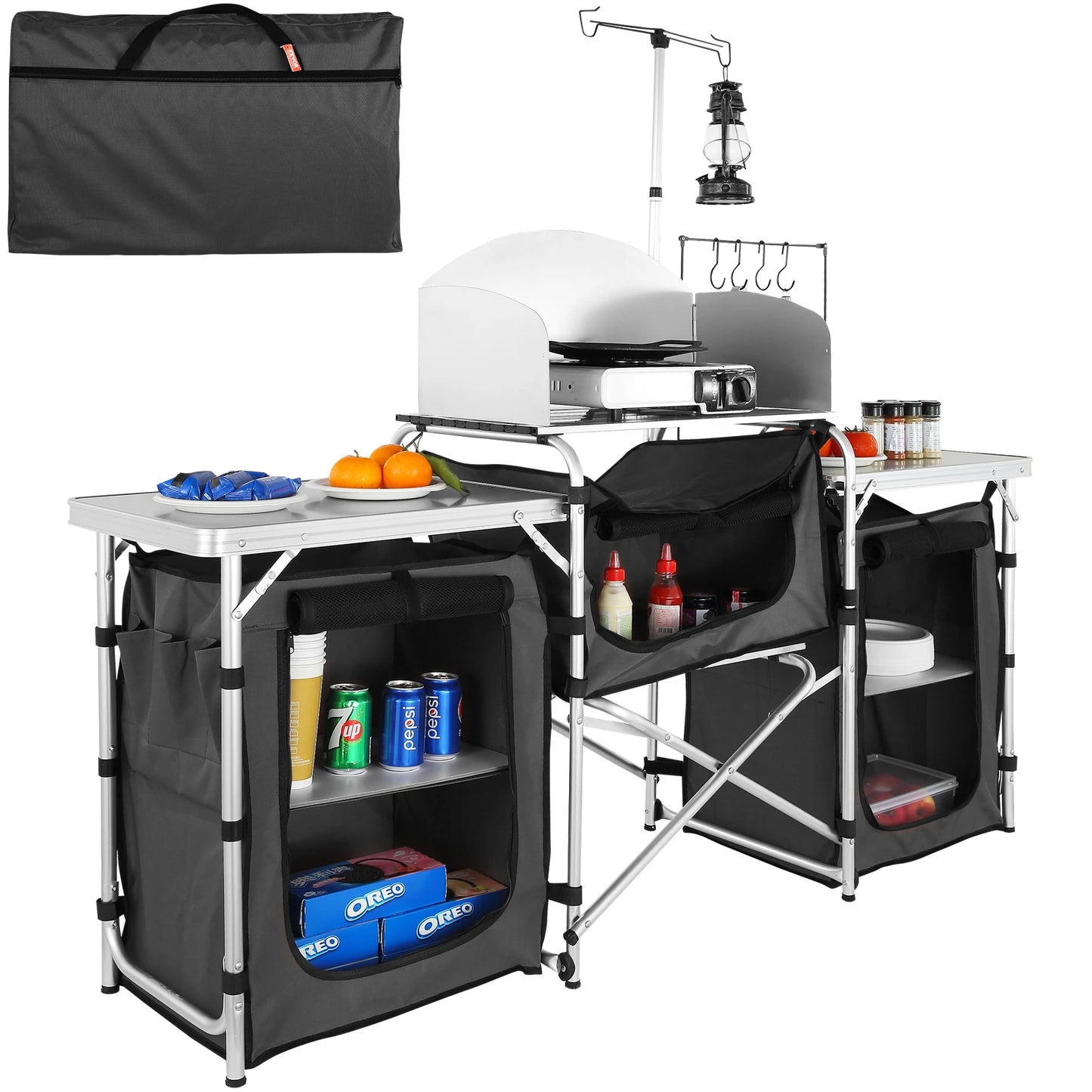 SucceBuy Foldable Camping Outdoor Kitchen Table And Storage Rack