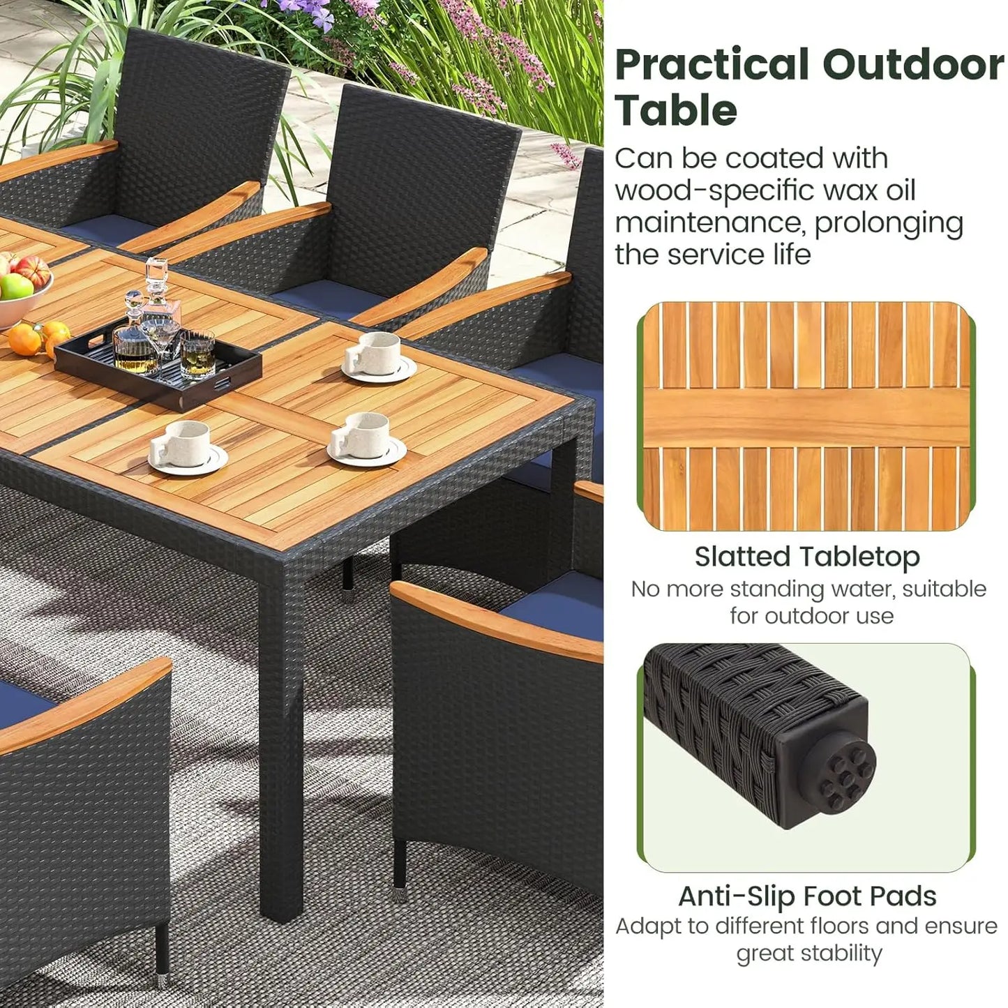 Outdoor Patio Dining Set Rattan Table And Chairs Acacia Wood Umbrella Hole