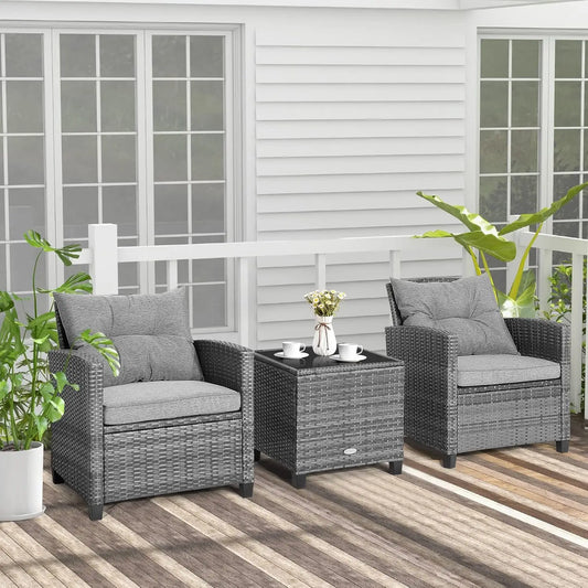 Outdoor PE Rattan Conversation Set With Tempered Glass Side Table