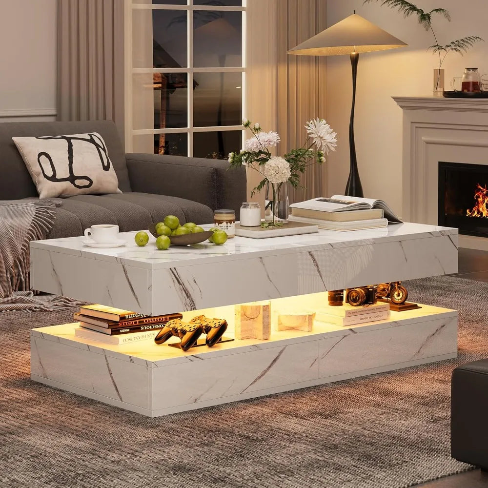 Smart LED Coffee Table With Wireless Charging Bluetooth Speaker Drawers