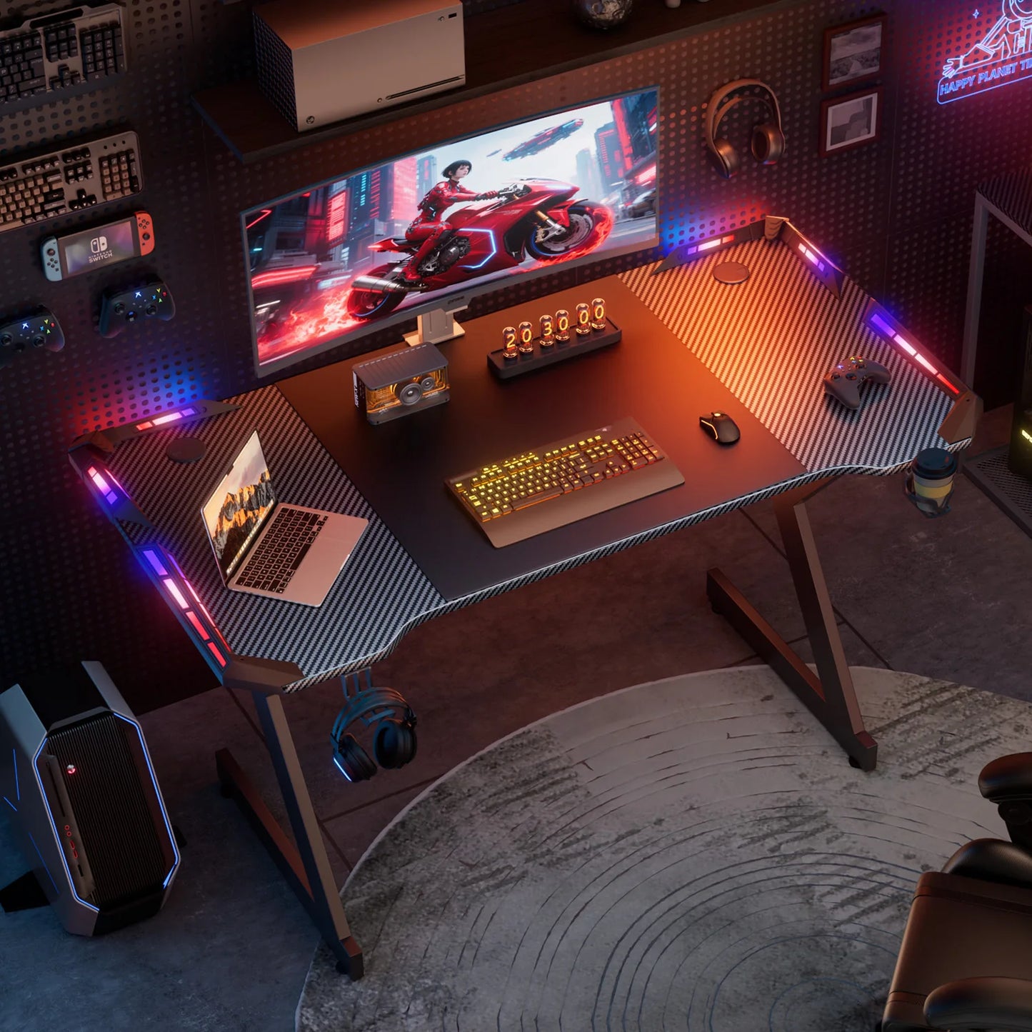 FRODROVIA Y-Shaped Gaming Desk With RGB LED Lights Cup Holder