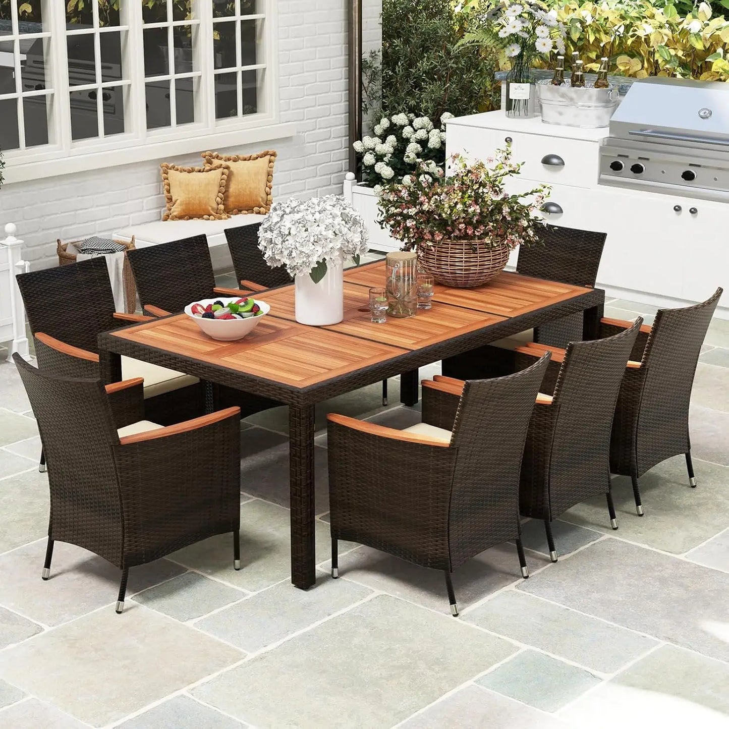 Outdoor Patio Dining Set Rattan Table And Chairs Acacia Wood Umbrella Hole