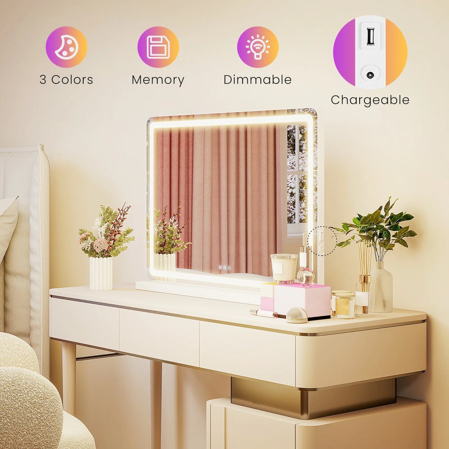 JHK LED Vanity Mirror With Lights, Dimmable, 3 Color Modes, Memory