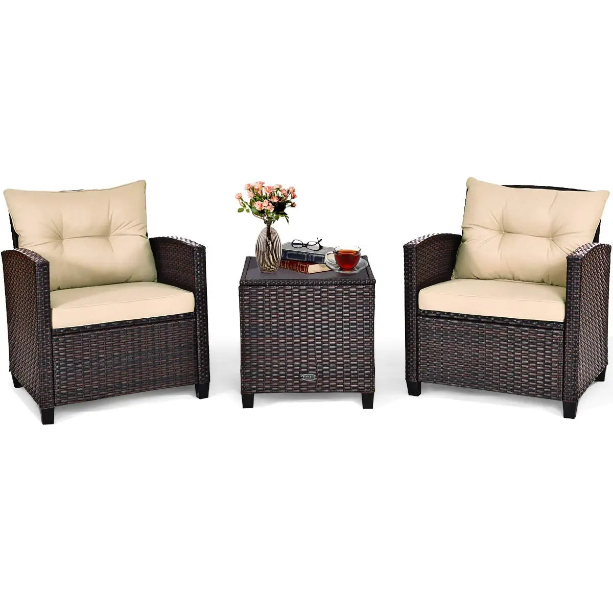 Outdoor PE Rattan Conversation Set With Tempered Glass Side Table