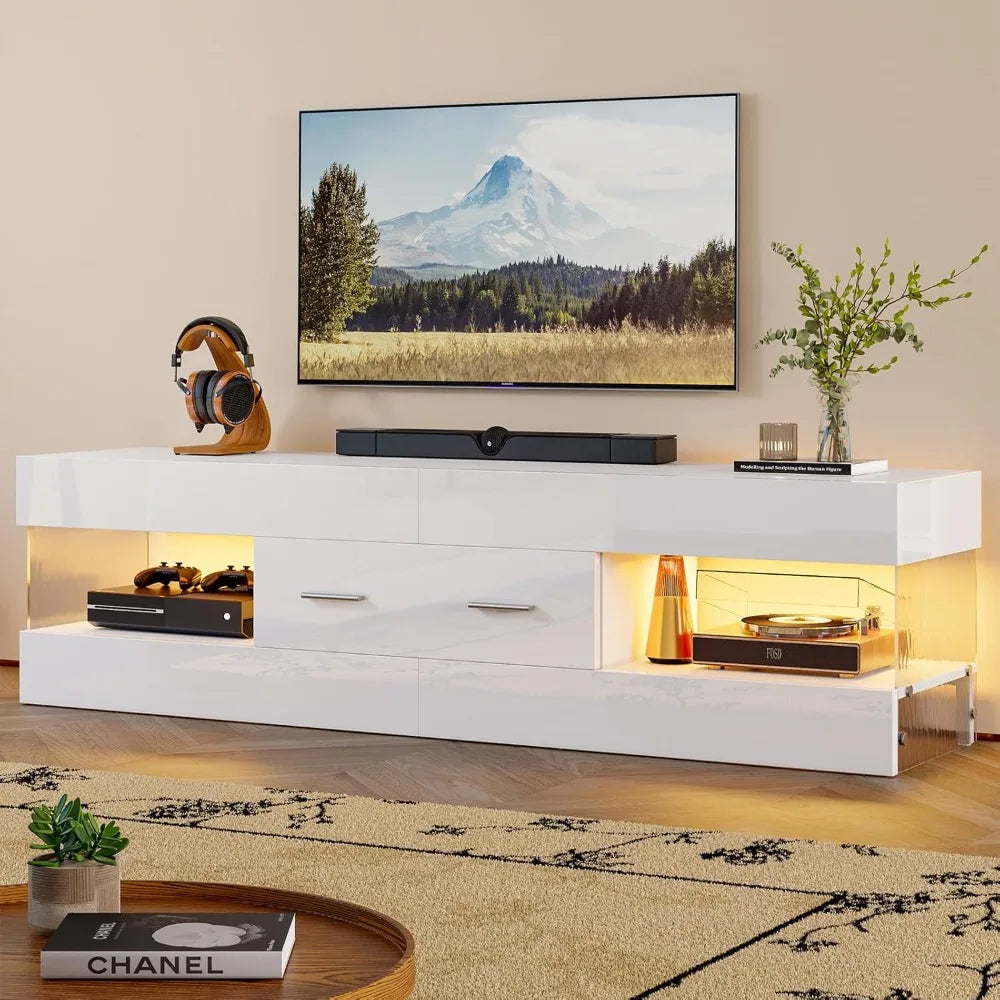 High Gloss Modern TV Stand With Stone Patterned Side Panels