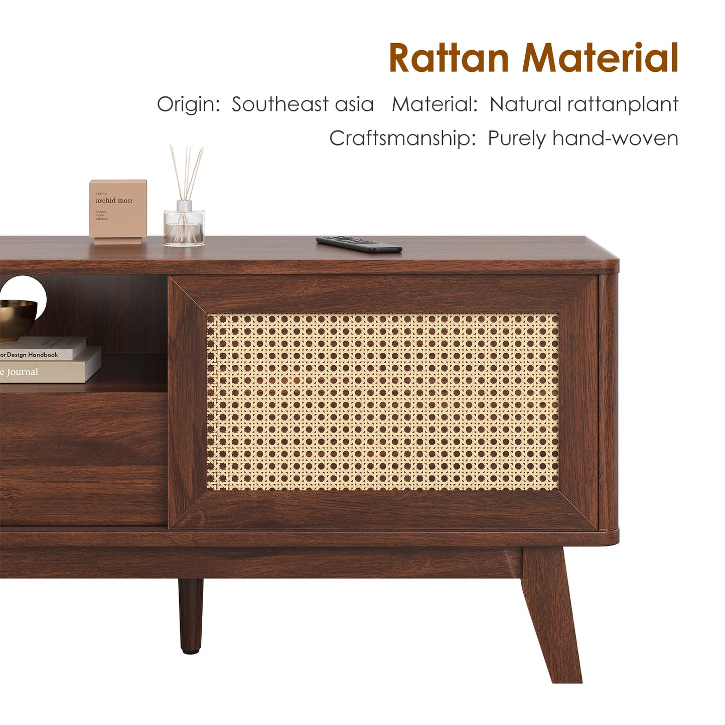 FARINI Mid Century Rattan TV Stand With Drawer And Cabinets