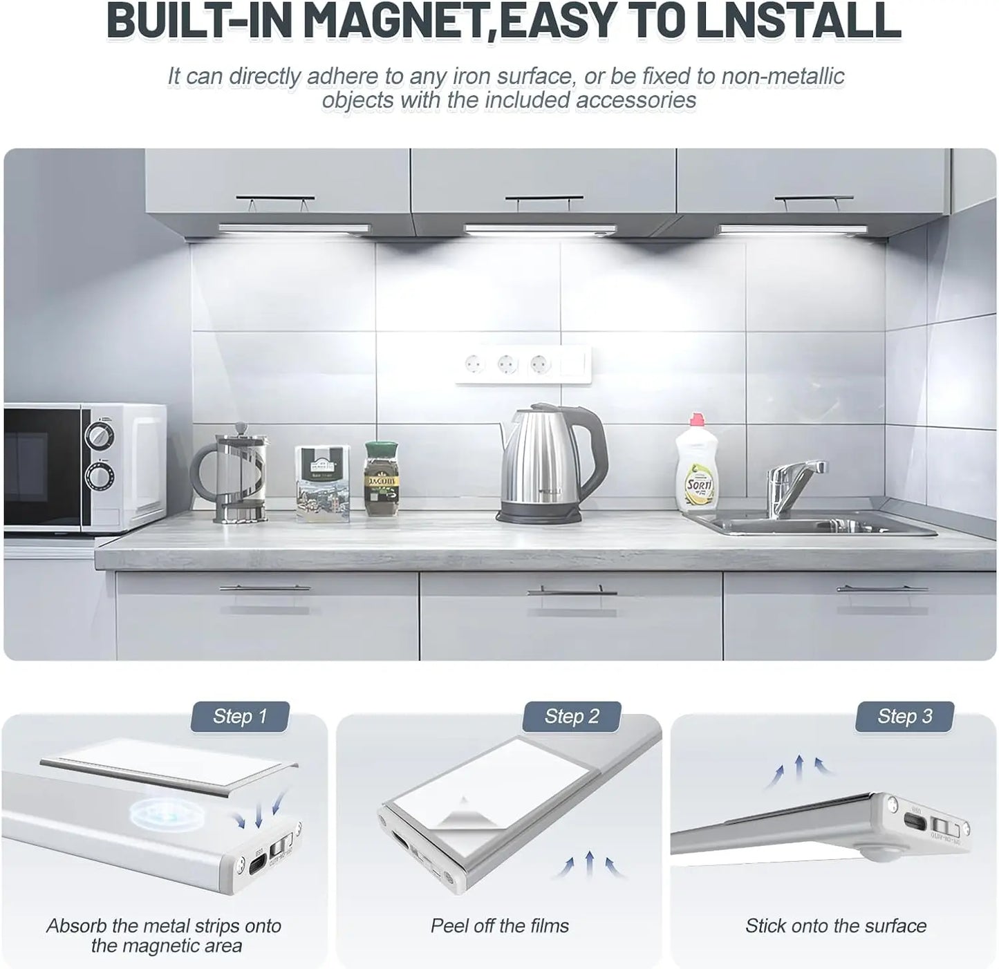 Wireless Under Cabinet Lights With Motion Sensor, Rechargeable LEDs