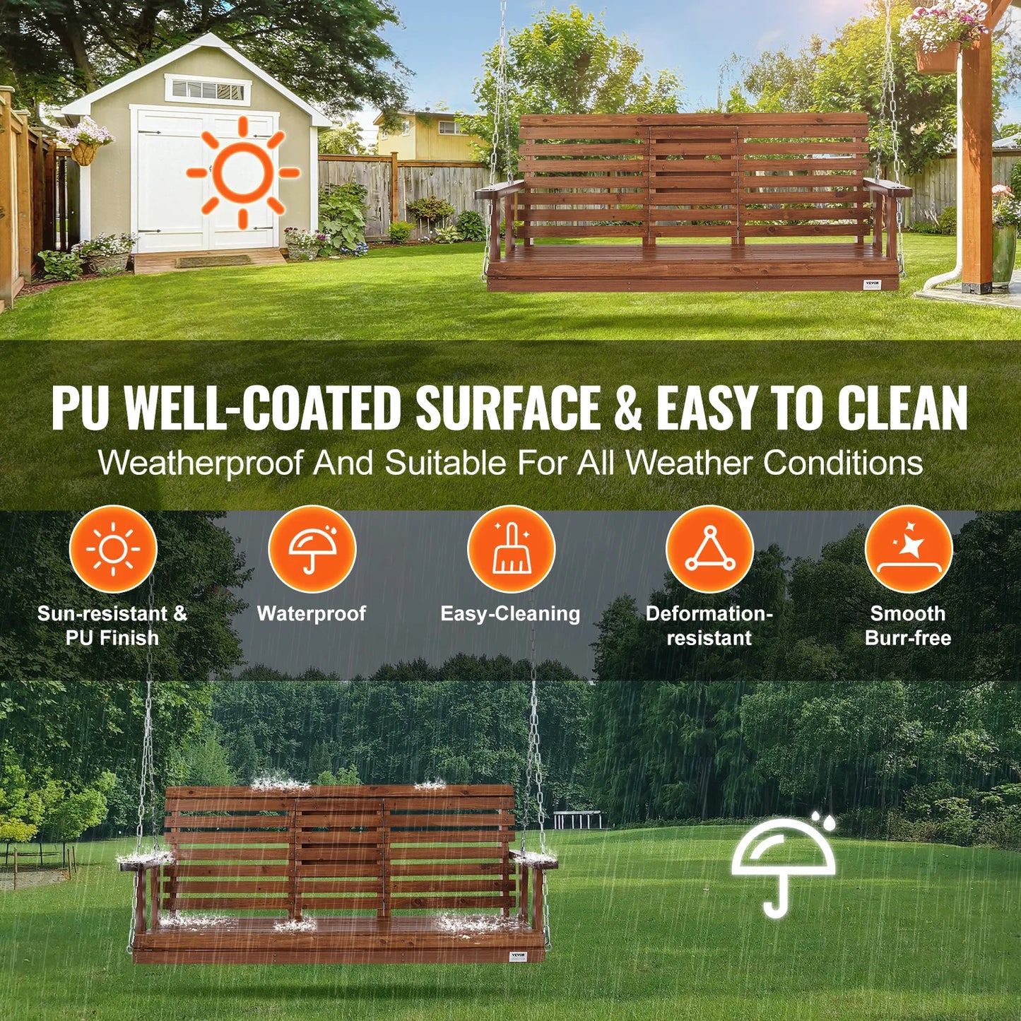 SucceBuy Wooden Porch Swing For Patio And Garden Outdoor Seating