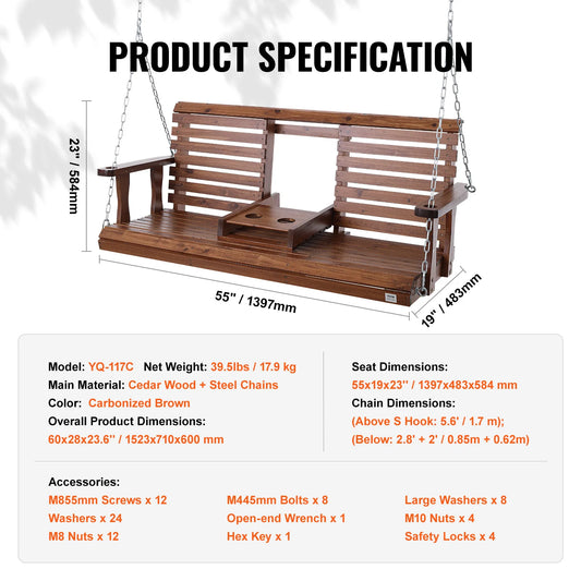 SucceBuy Wooden Porch Swing For Patio And Garden Outdoor Seating