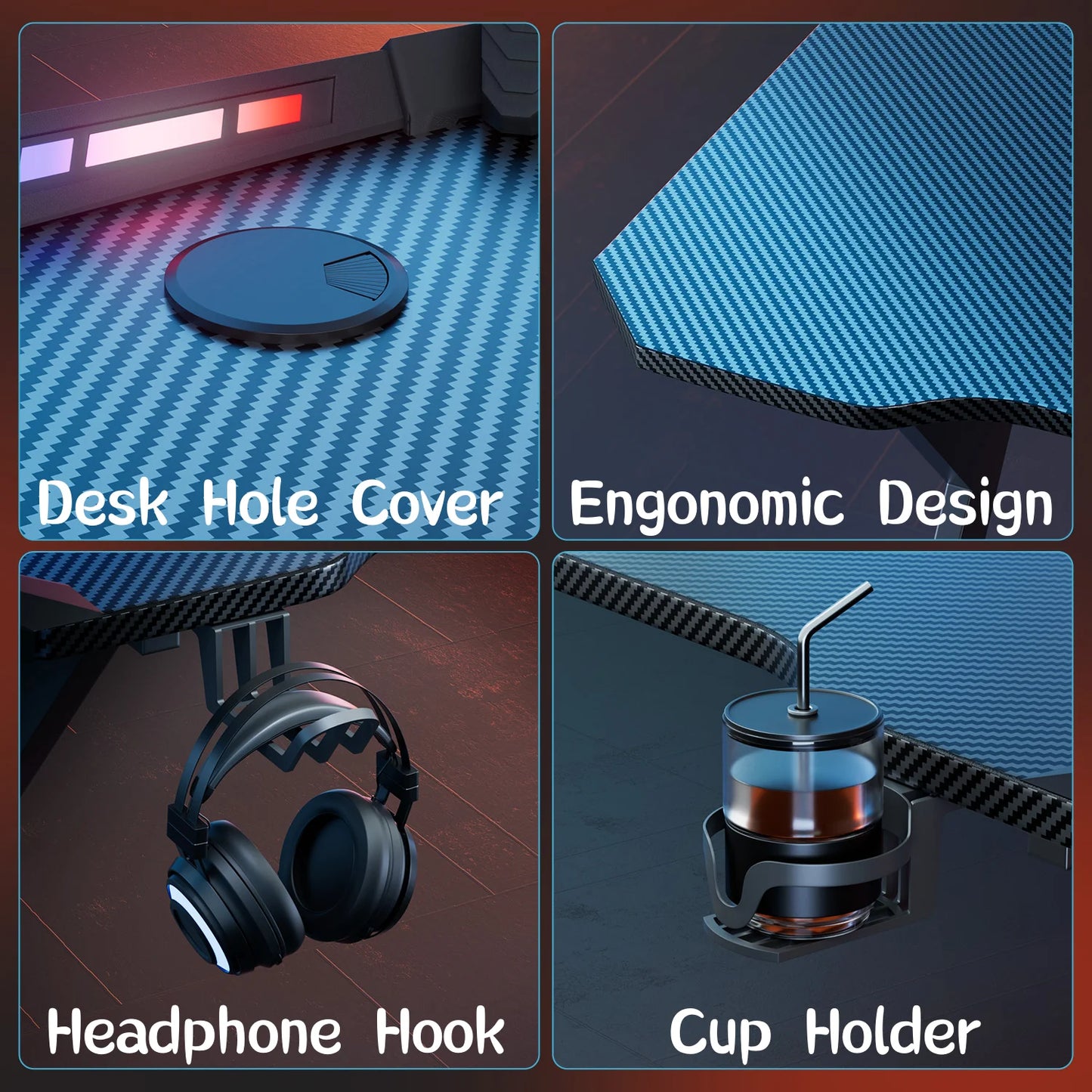 FRODROVIA Y-Shaped Gaming Desk With RGB LED Lights Cup Holder