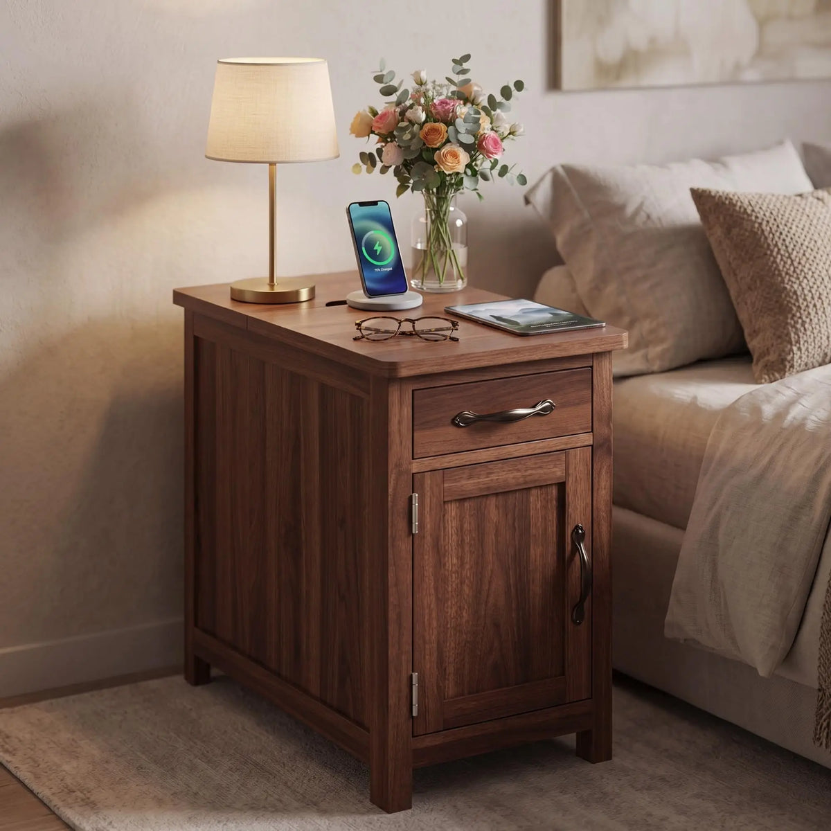 HiMISS Farmhouse End Table With Charging Station And Storage