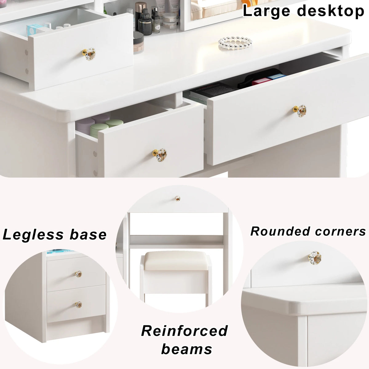 Makeup Vanity Desk With Sliding Mirror, Lights, Drawers And Stool