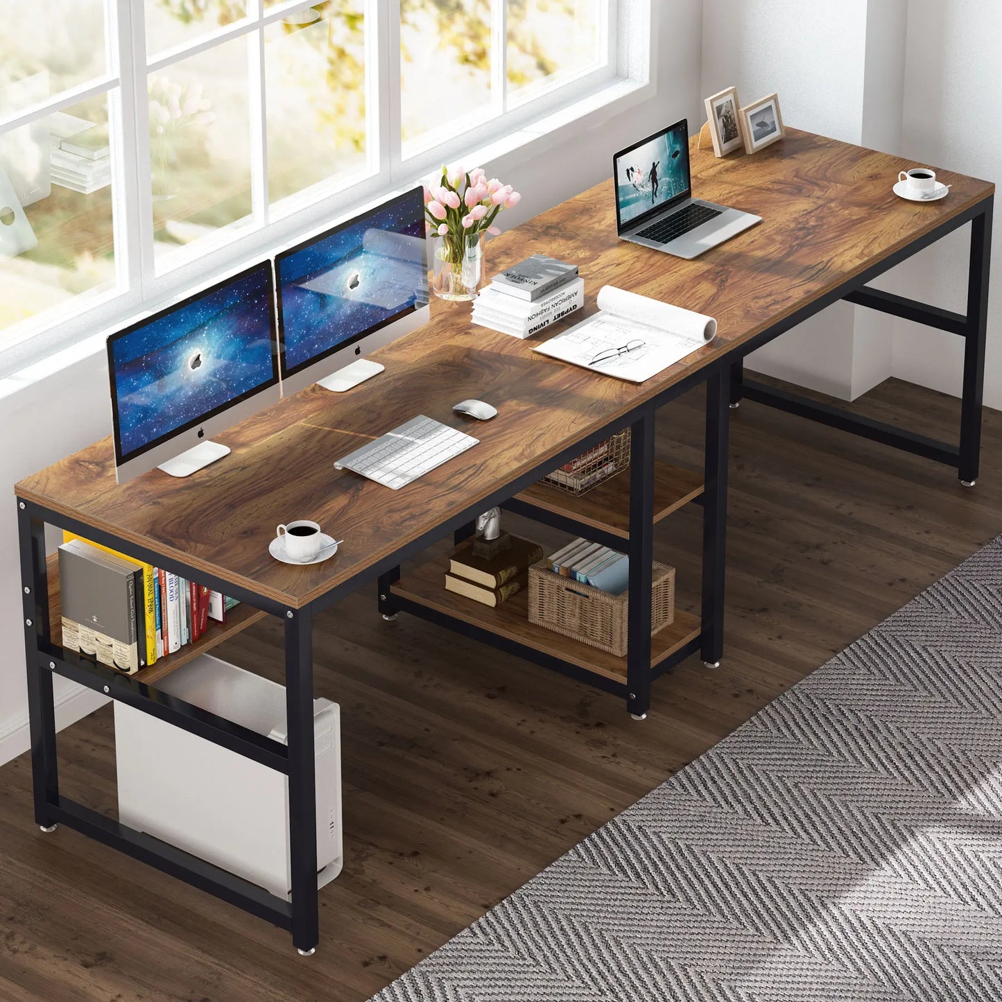 Tribesigns Two Person Desk With Bookshelf Rustic Computer Desk Workstation