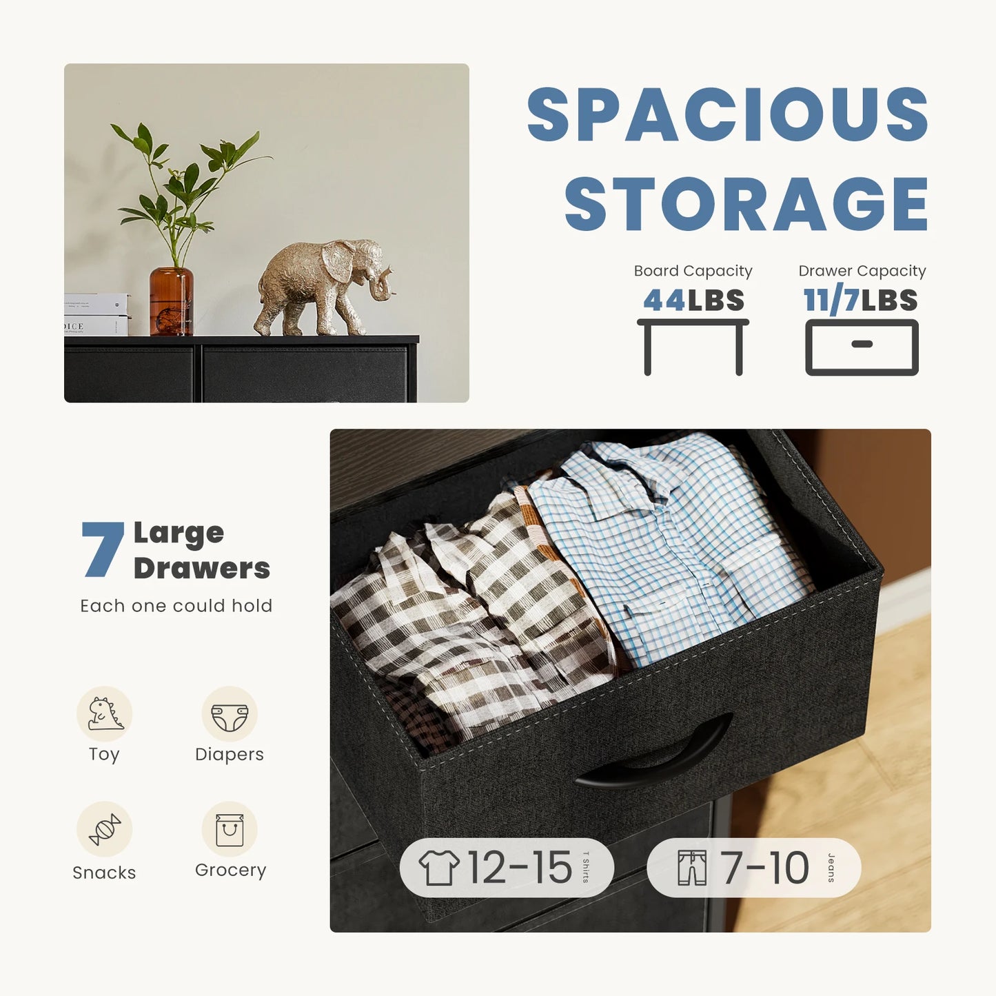 JHK Dresser With 7 Fabric Drawers Bedroom Organizer Cabinet