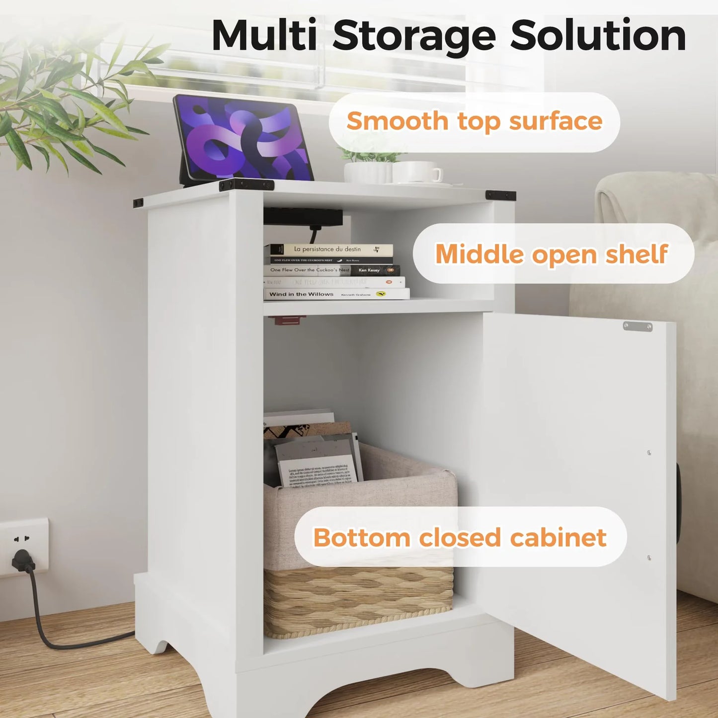 Farmhouse Nightstand With Charging Station And USB Ports