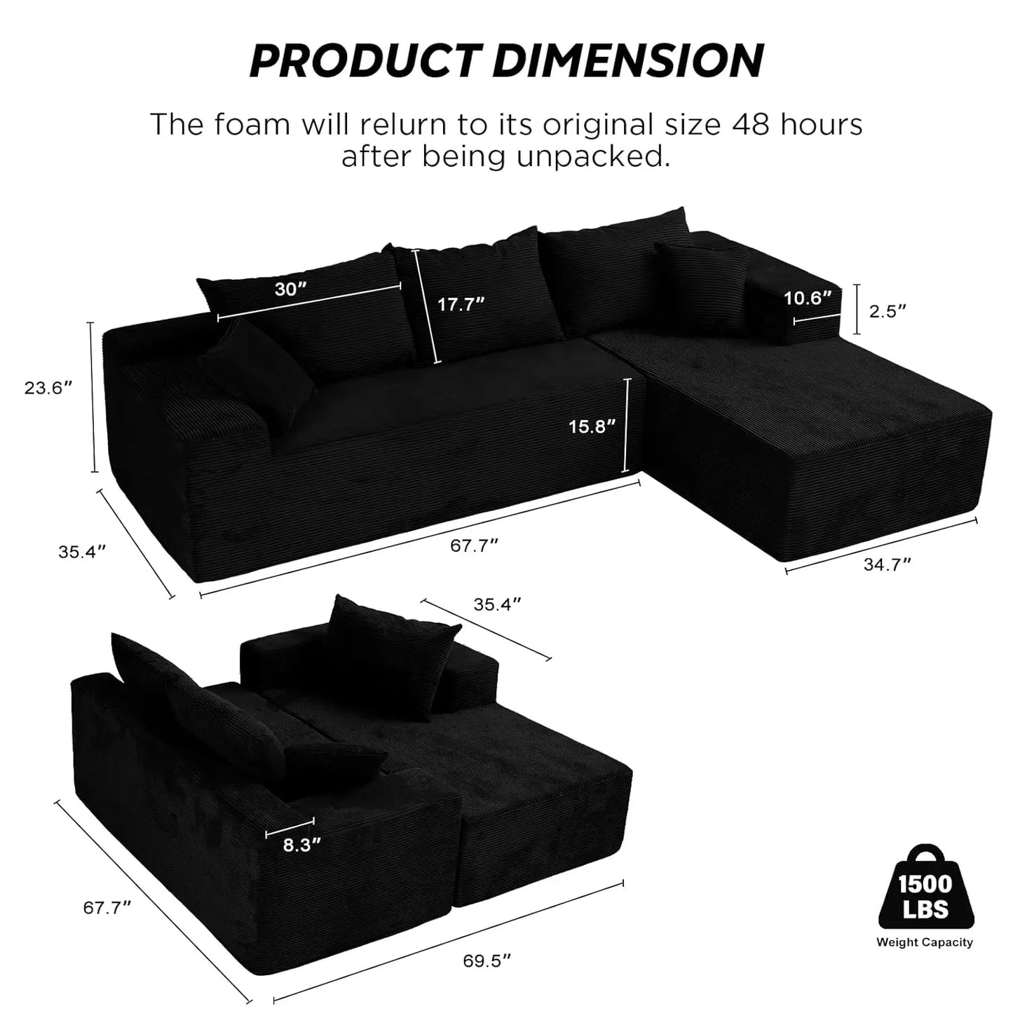 Modern L Shaped Sectional Sofa With Chaise For Living Room