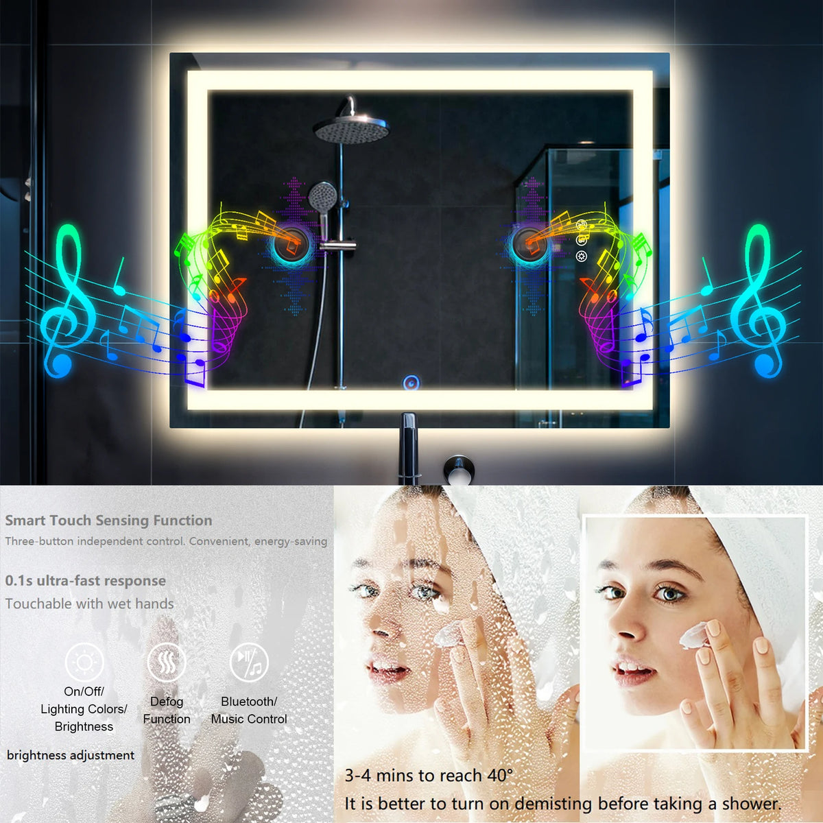 BORWART LED Bathroom Vanity Mirror With Speakers And Fogless Lighting