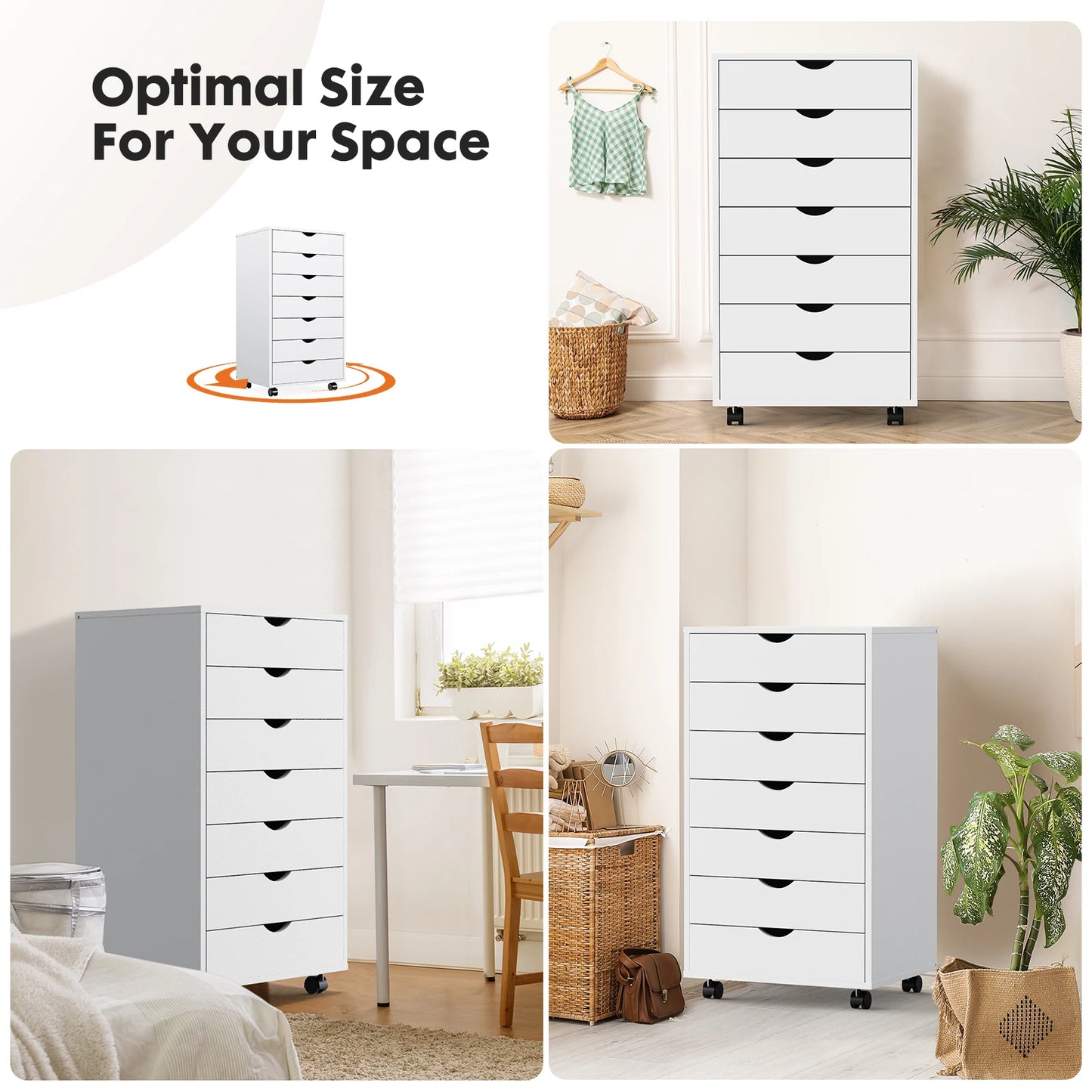 JHK 7 Drawer Chest Nightstand With Rolling Wood Storage Cabinet