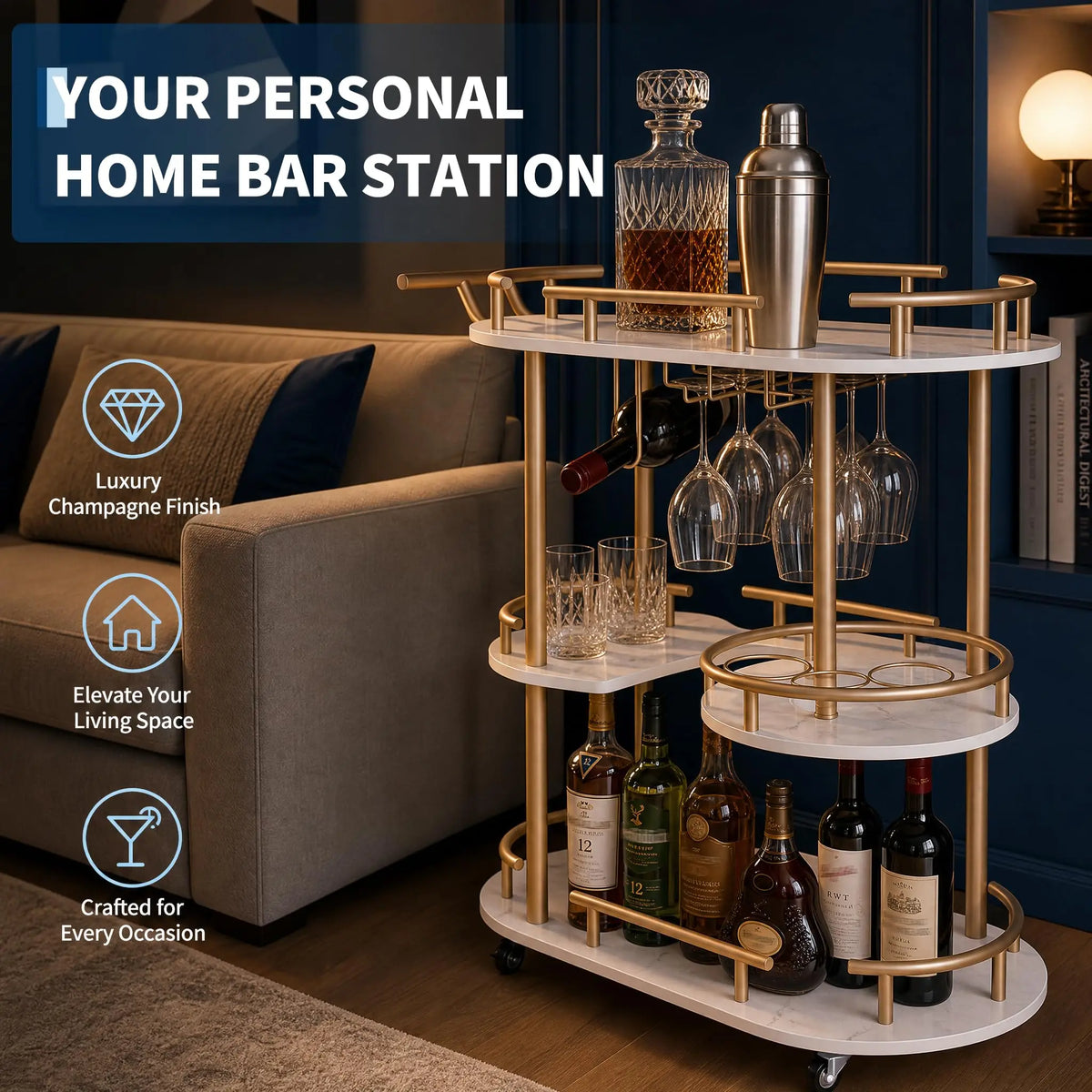 HiMISS Rolling Bar Cart With Wine Rack And Glass Holder