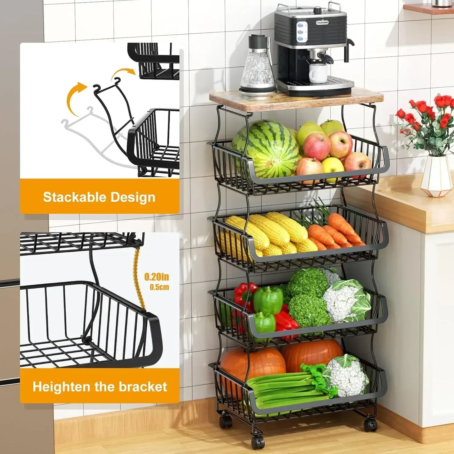 Five-Tier Stackable Fruit and Vegetable Storage Baskets With Wheels