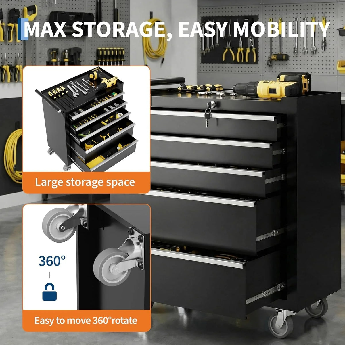 Five Drawer Rolling Tool Chest With Lock And Mobile Storage